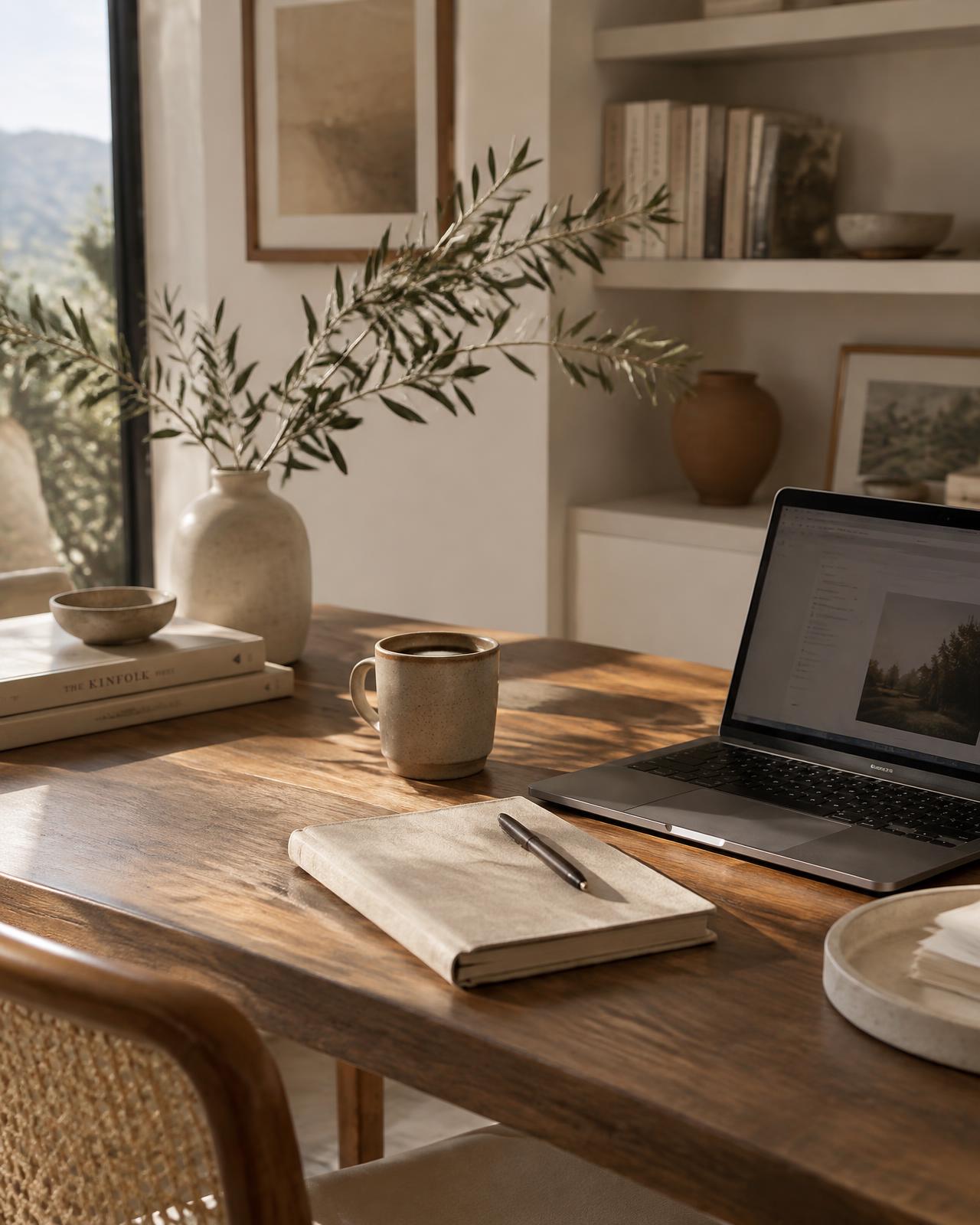 A calm, sunlit desk with a notebook, coffee and laptop